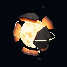 Ember, a molten golden core held within fractured dark stone and orbiting energy