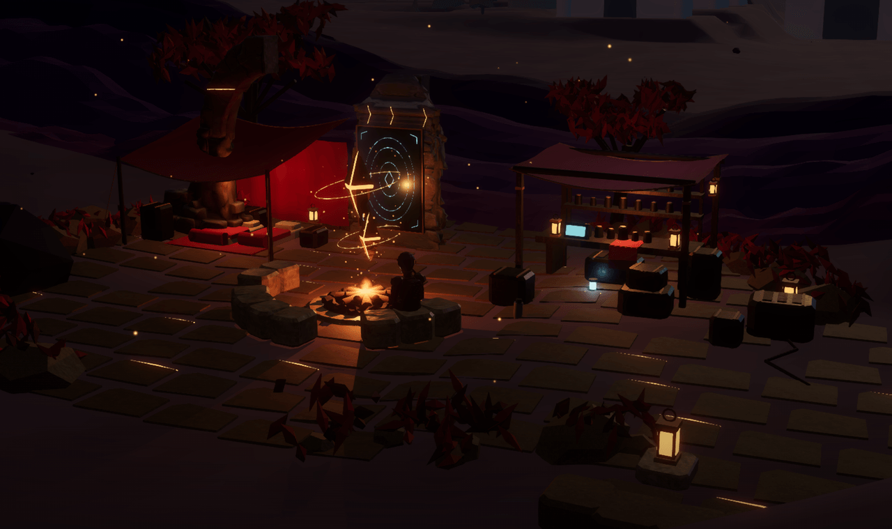 The rebuilt celestial camp with stone shelters, supplies and a floating-stone fire